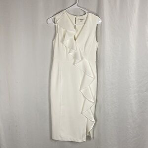 Calvin Klein White Sleeveless Ruffle Front V-Neck Sheath Dress -Size 4